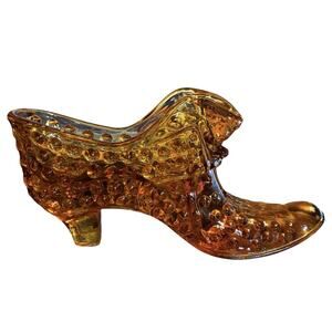 Fenton 1970s Hobnail Amber Glass Cat Head Slipper Shoe Vintage Art Glass